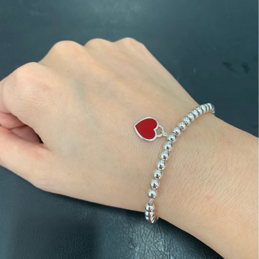 NEW 6.8 INCH 925 silver Beaded Bracelet with Red Heart Tag - 4MM Beads